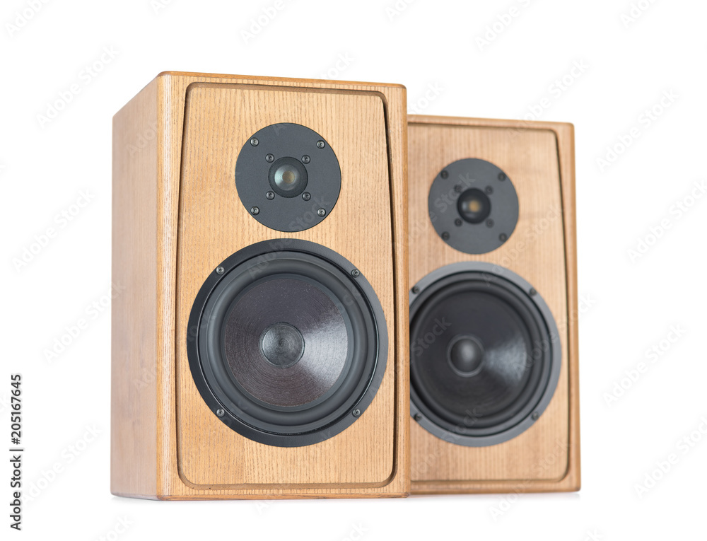 Two wooden speakers isolated on white background. File contains a path to isolation. Two wooden speakers isolated on white background. File contains a path to isolation.