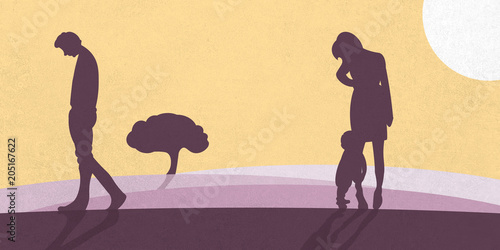 Eine Illustration, die eine Familie zeigt, die sich trennt. Ein Vater geht traurig von Mutter und Kind weg.