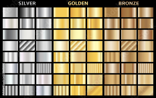 Vector set of metallic gradients. Collection of gold, silver and bronze backgrounds.