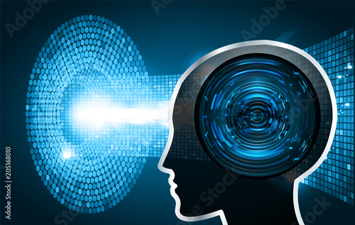 Neon human head. Cpu. blue Circuit board. illustration. pixel. Abstract Technology background for computer graphic website internet and business. Cyber