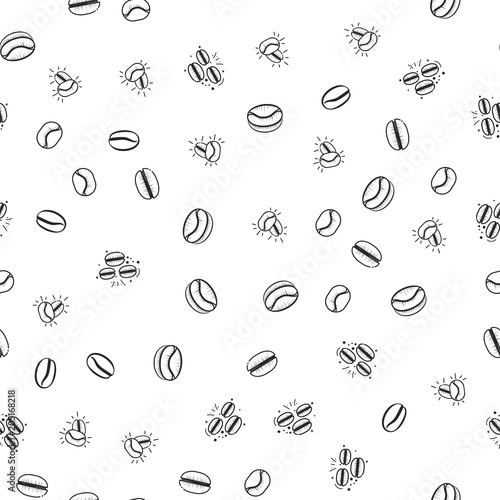Coffee seamless pattern. Grains of coffee, coffee machine, cup of coffee abstract composition.