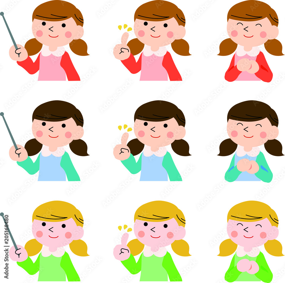Teaching girl with pigtails illustration set Teaching girl with pigtails illustration set