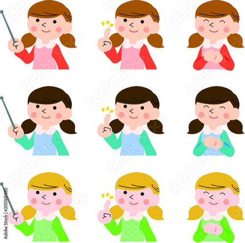 Teaching girl with pigtails illustration set