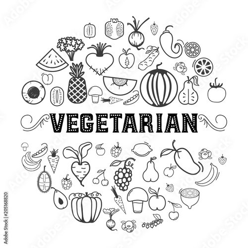 Fruits and vegetables, vegetarian set, isolated vector icons.