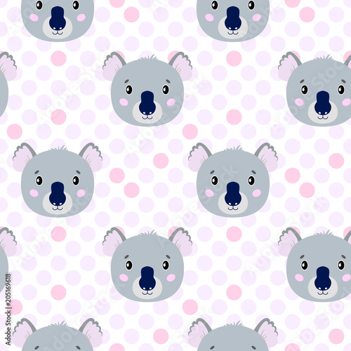Cute vector seamless pattern with koala face, hare. On white background in polka dots. photo