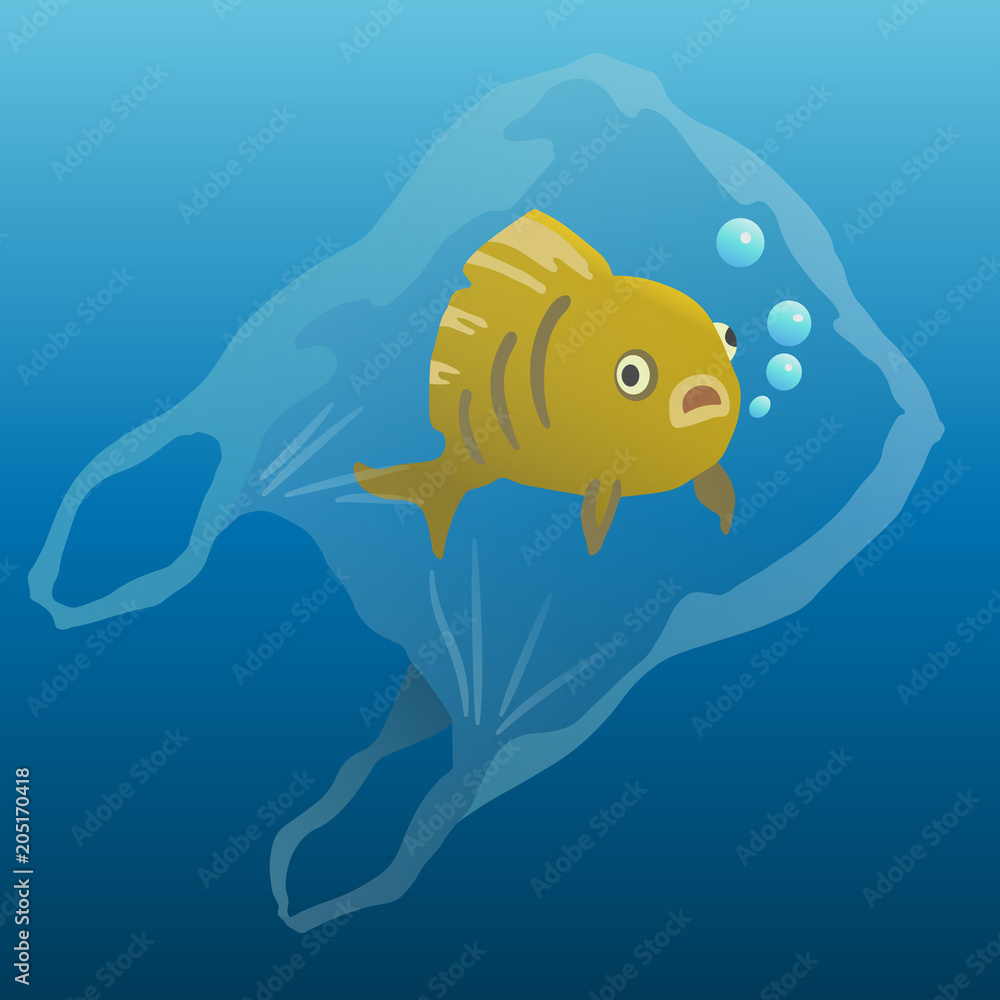 fish in the plastic bag. plastic pollution illustration Stock