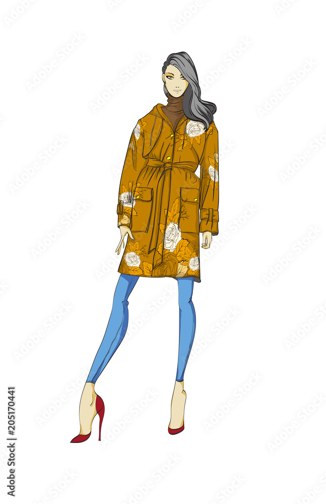 Fashion illustration. Stylish fashion model. Fashion girl Sketch. Girl in a in a jacket with a floral pattern Fashion illustration. Stylish fashion model. Fashion girl Sketch. Girl in a in a jacket with a floral pattern