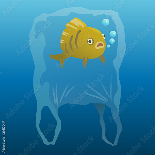 fish in the plastic bag. plastic pollution illustration