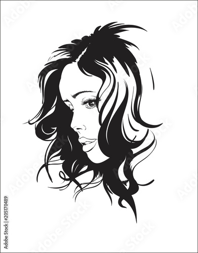 Sketch of the face of a fashion girl with flying hair. Fashion girl face.