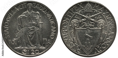 Vatican city coin twenty centesimo 1942, ruler Pius XII, allegorical figure of Justice with book and scale, papal arms, shield with dove, crossed keys, tiara on top,