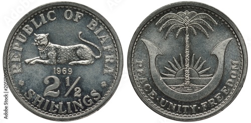 Photos Nigeria Nigerian Biafra Province coin two and a half shilling 1969, lying roarin