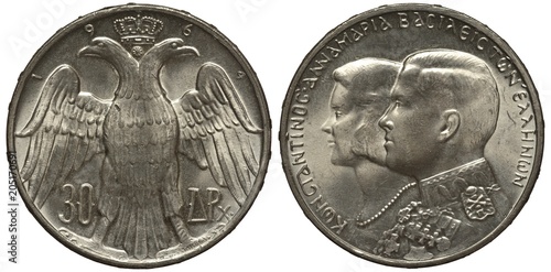 Greece Greek Coin thirty drahma 1964, eagle with two heads, crown on top, royal wedding, conjoined heads of King Konstantine and Queen Anna Maria left, silver,   photo