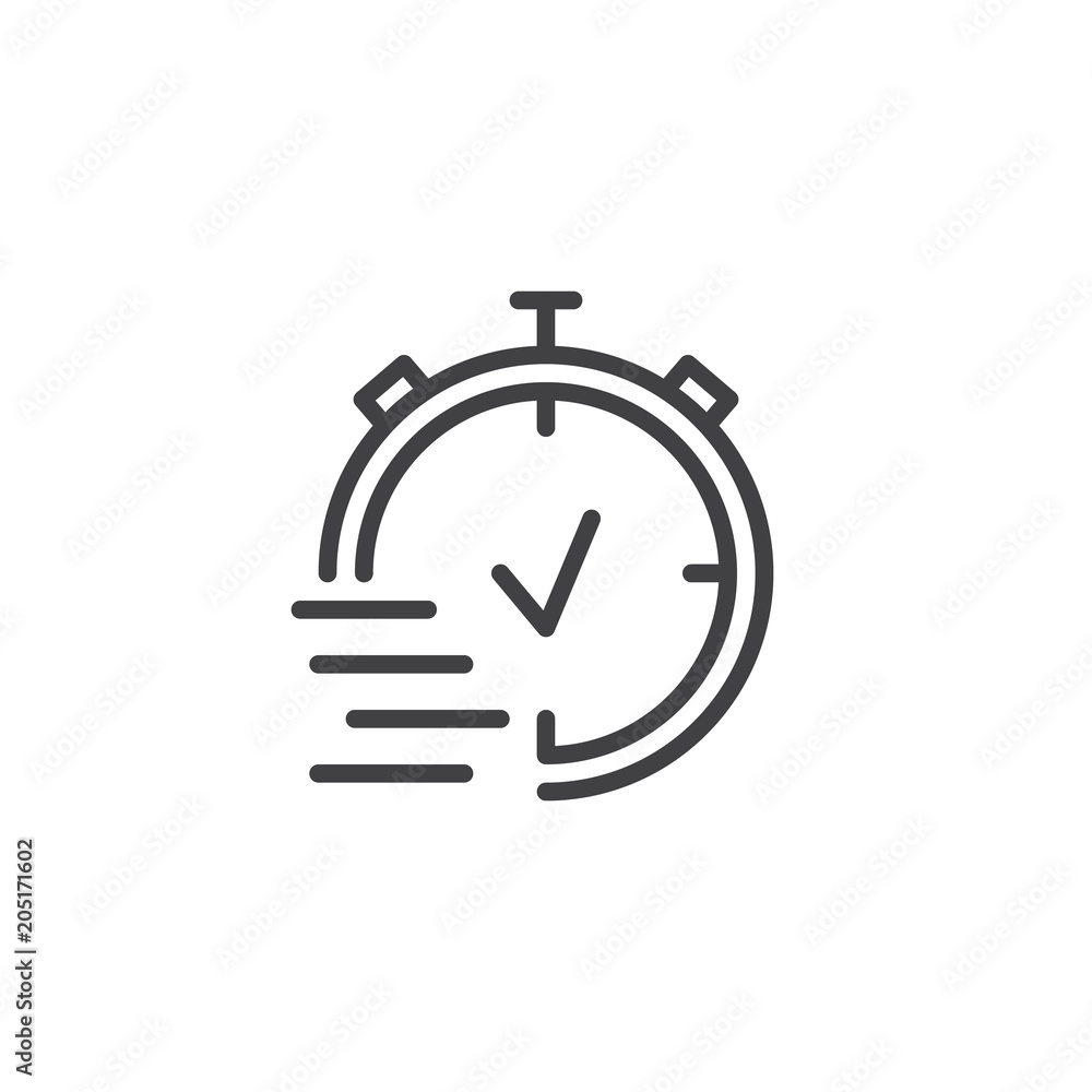 Stopwatch with check mark outline icon. linear style sign for mobile concept and web design. Clock simple line vector icon. Speed symbol, logo illustration. Vector graphics Stopwatch with check mark outline icon. linear style sign for mobile concept and web design. Clock simple line vector icon. Speed symbol, logo illustration. Vector graphics