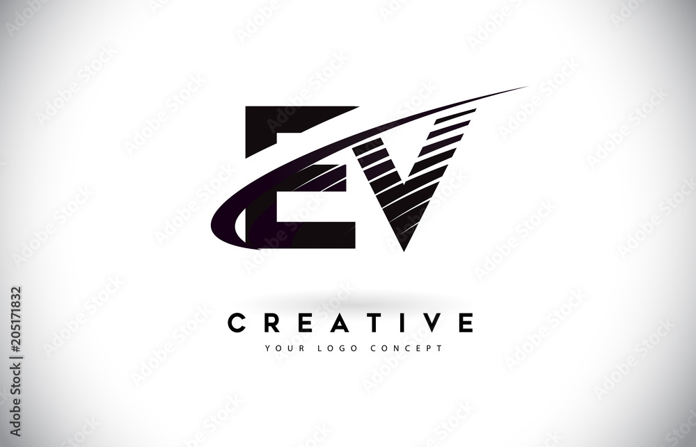 EV E V Letter Logo Design with Swoosh and Black Lines. EV E V Letter Logo Design with Swoosh and Black Lines.