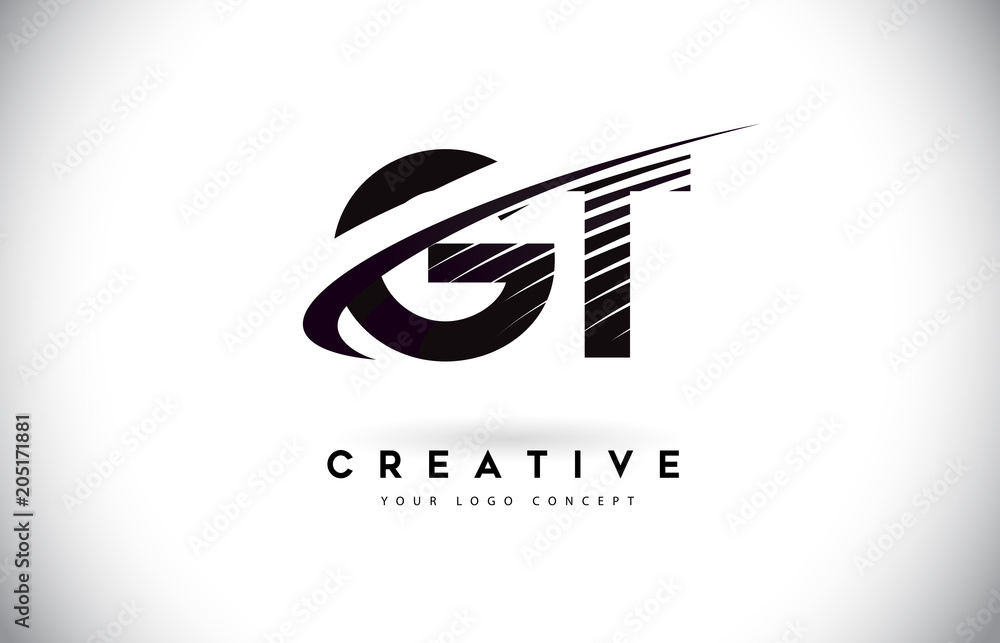 GT G T Letter Logo Design with Swoosh and Black Lines. Stock Vector ...