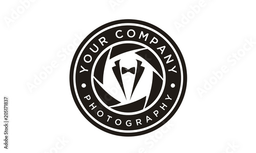 Bow Tie and Tuxedo Suit with Shutter Aperture Lens for Fashion Photography Photographer emblem logo design inspiration