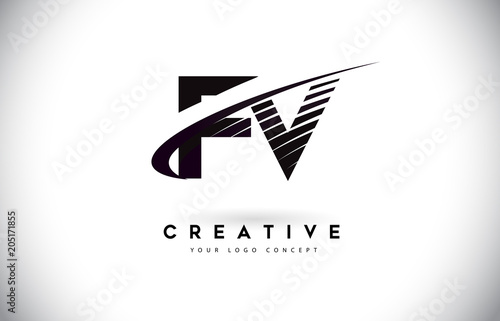 FV F V Letter Logo Design with Swoosh and Black Lines. photo