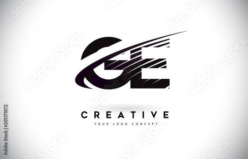 GE G E Letter Logo Design with Swoosh and Black Lines.