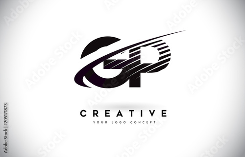 GP G P Letter Logo Design with Swoosh and Black Lines.