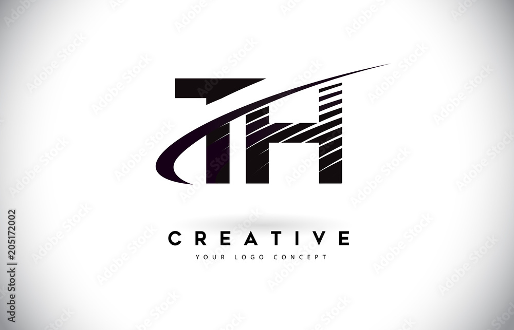 TH T H Letter Logo Design with Swoosh and Black Lines.