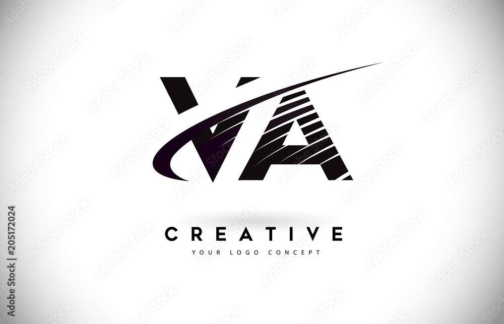 Va v a letter logo design with swoosh and black lines stock