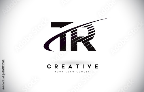 TR T R Letter Logo Design with Swoosh and Black Lines.