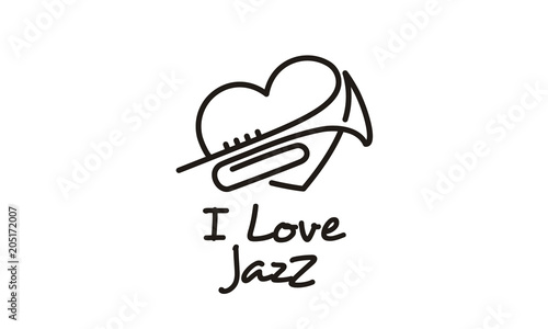 Heart Brass Trumpet Cornet Instrument for I love music jazz logo design inspiration