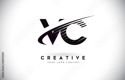 VC V C Letter Logo Design with Swoosh and Black Lines.