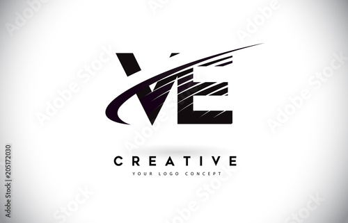 VE V E Letter Logo Design with Swoosh and Black Lines.