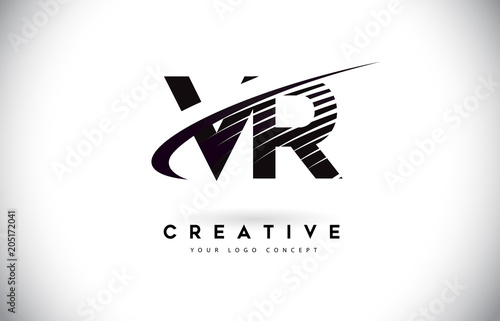 VR V R Letter Logo Design with Swoosh and Black Lines.