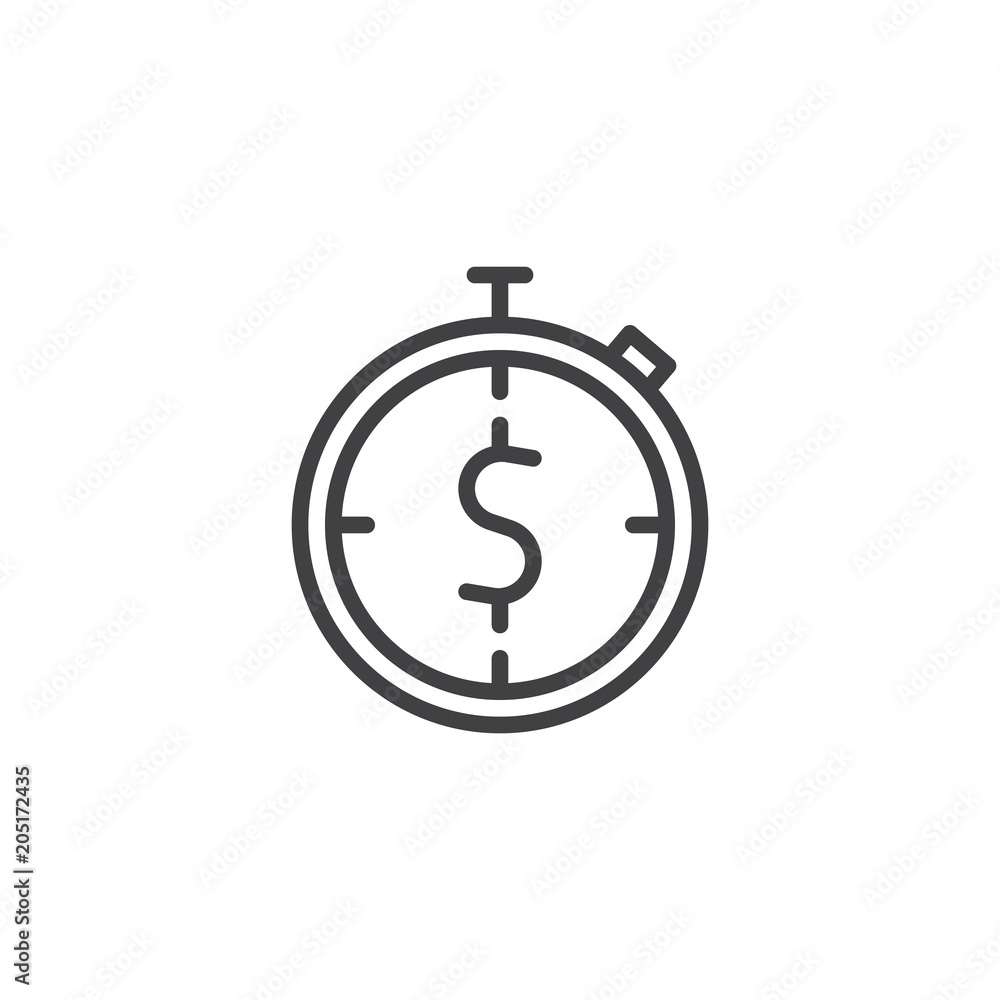 Stopwatch and dollar outline icon. linear style sign for mobile concept and web design. Time is money simple line vector icon. Symbol, logo illustration. Pixel perfect vector graphics Stopwatch and dollar outline icon. linear style sign for mobile concept and web design. Time is money simple line vector icon. Symbol, logo illustration. Pixel perfect vector graphics