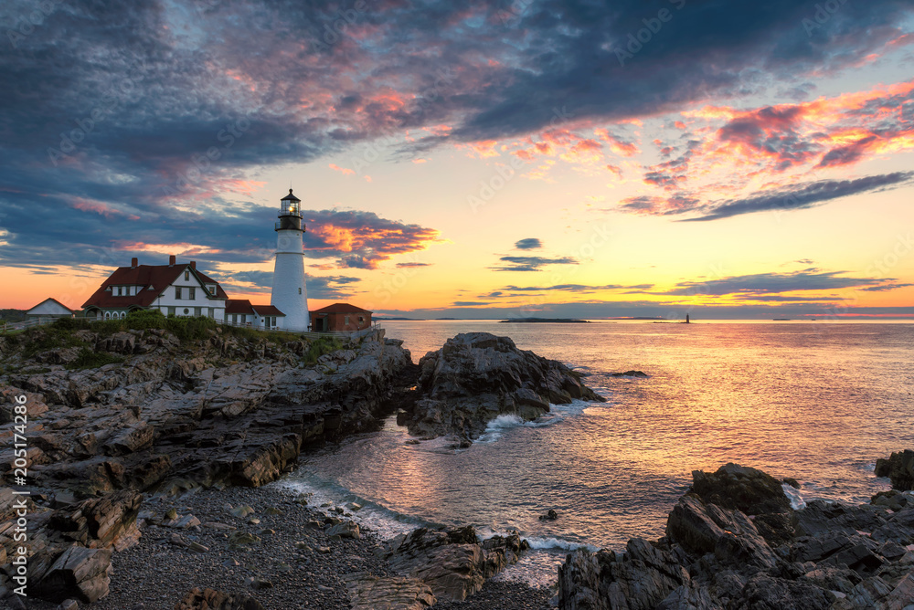 Portland Lighthouse at sunrise in Cape Elizabeth, New England, Maine, USA. 