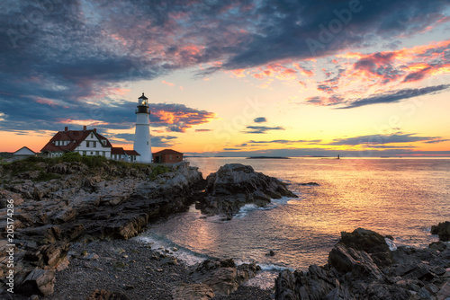 Portland Lighthouse at sunrise in Cape Elizabeth, New England, Maine, USA. 