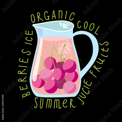 Juice with berry in a glass jug, vector cartoon card with fresh berries and smothie isolated on black.