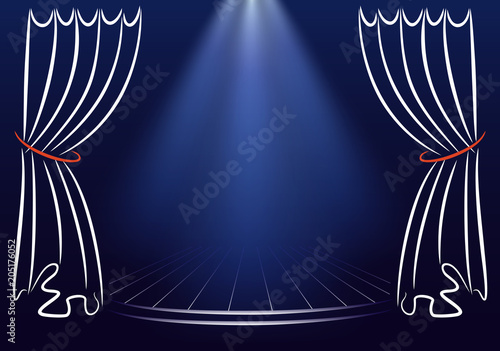 Scene with curtains and spotlights. Announcement vector template