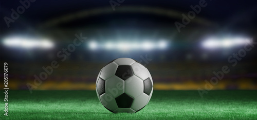 Football ball on the field of a world cup stadium - 3d rendering © Production Perig