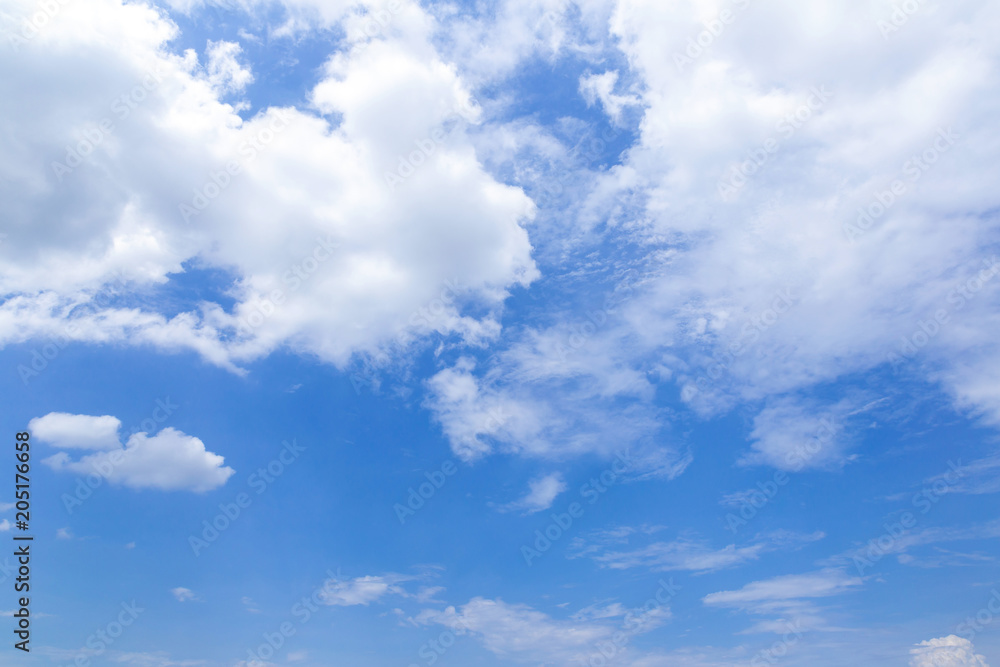 Blue sky background with white clouds, rain clouds on sunny summer or spring day.