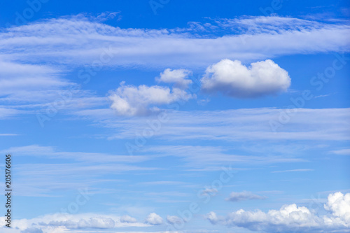 Blue sky background with white clouds, rain clouds on sunny summer or spring day. © Old Man Stocker