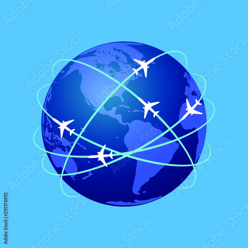 Aviation routes around the world as a symbol of global travel and business. Colorful planet earth on blue background with abstract airplane routes around it. Vector illustration