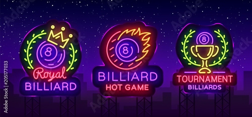 Billiards collection of logos neon style. Neon signs set design template for Billiard bar, club, beer and billiards, royal, light banner, night neon advertisement, design element. Vector. Billboard