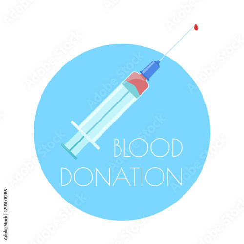 World Blood Donor Day. Vector illustration of a hypodermic syringe with a drop of blood on white background. Medical poster.