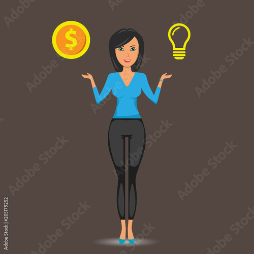 woman balances idea and money. Vector flat design business concept. Vector illustration