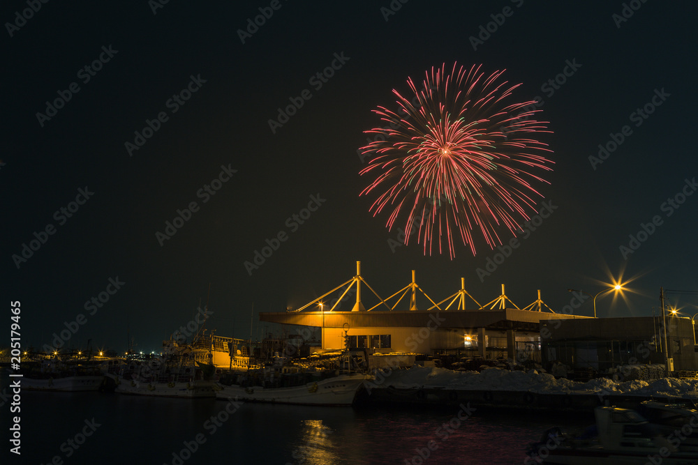 Fireworks festival celebration at Hakodate bay, Japan on every begining of winter season 