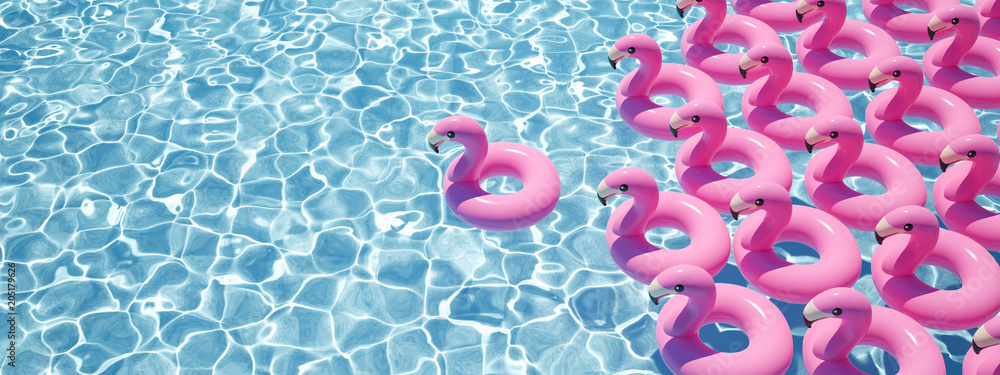 Fototapeta Renderowania 3D. dużo flamingów pływa w basenie