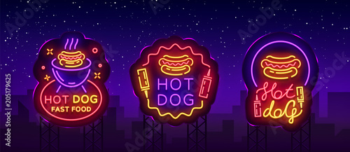 Hot dog collection neon signs vector. Hot dog set logos in neon style design template, night neon emblem, banner, bright signboard, night advertising of fast food for cafe, restaurant. Billboard