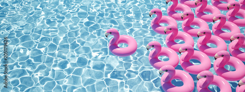 Tela 3D rendering. a lot of flamingo floats in a pool