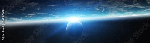 Panoramic view of planet Earth with the moon 3D rendering elements of this image furnished by NASA