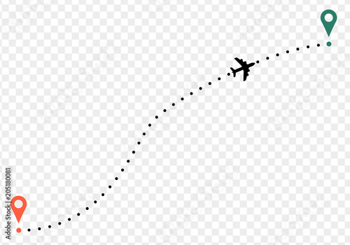Airplane trace with points of departure and arrival. on transparent background