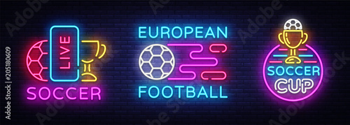 Soccer collection Neon Signs Vector. Football set Logos neon, design template emblem, online soccer symbol, light banner, bright night football advertising, european football sign. Vector