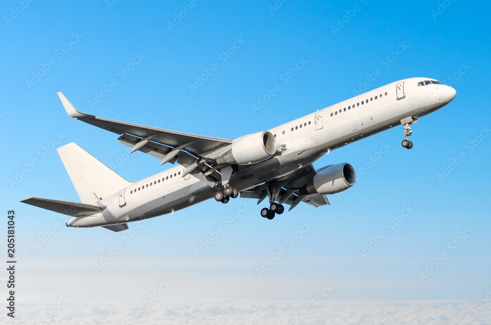Airplane ready for landing flying in the blue sky with landing gear and flaps. Airplane ready for landing flying in the blue sky with landing gear and flaps.